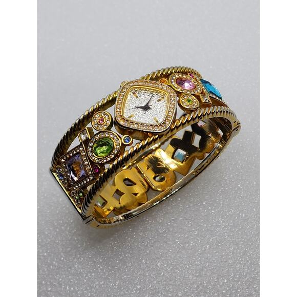 Rainbow Cuff Bangle Gem Crystal Infinity Diwali Gold Gauntlet Bracelet Watch - Picture 9 of 10